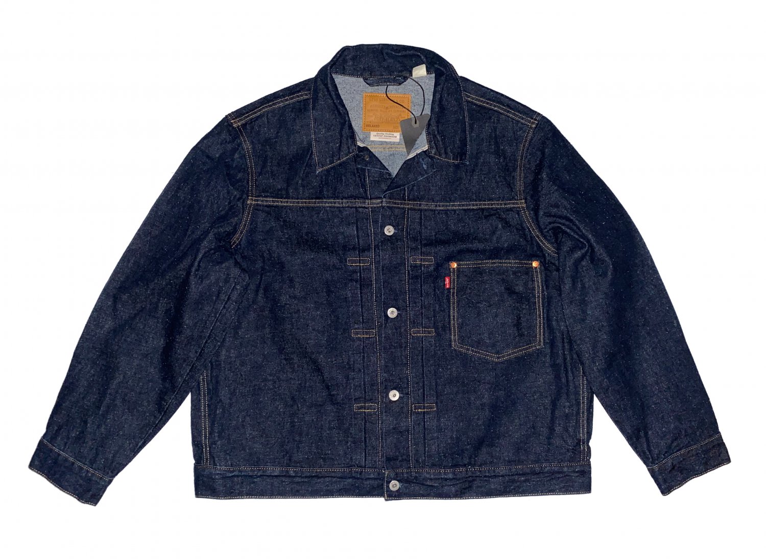 $128.00 LEVI'S PREMIUM BIG E SELVEDGE TYPE I TRUCKER HEMP DENIM PLEATED CINCH JACKET - XXL