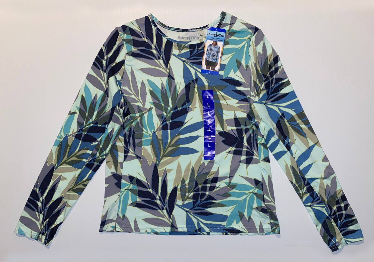 HANG TEN LONG SLEEVE 'MINT' SUN TEE RASH GUARDUPF 50+ QUICK DRY ZIP POCKET sz L