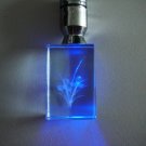 Blue Flashing Light Keychain with Flower Design etched in the glass fob