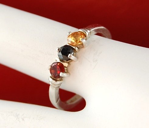 Genuine Orange SAPPHIRE, Black DIAMOND and Red Spessartite GARNET Sterling Silver RING