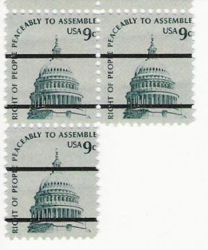 US Scott 1591a PreCanceled - Block of 3 - Capitol - 9 cent - Mint Never Hinged