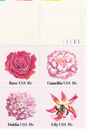 US Scott 1879a - Plate Block of 4 - Flowers - Mint Never Hinged - 18 cent