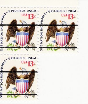 US Scott 1596x PreCanceled - Block of 3 - Eagle and Shield - 13 cent - Mint Never Hinged