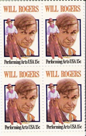 US Scott 1801 - Block of 4 - Will Rogers 15 cent - Mint Never Hinged