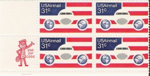 US Scott C90 - Zip Block of 4 - Plane Globes and Flag 31 cent - Mint Never Hinged