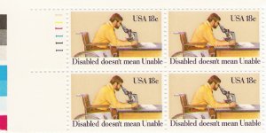 US Scott 1925 - Plate Block of 4 - Year of Disabled - Mint Never Hinged - 18 cent