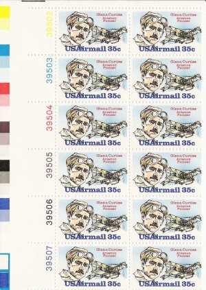 US Scott C100 - Plate Block of 12 Plate No 39502 - 39507 - Glenn Curtiss 35 cent - Mint Never Hinged