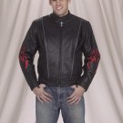 Mens racer leather jacket with flame, airvent zipout lining & light reflector