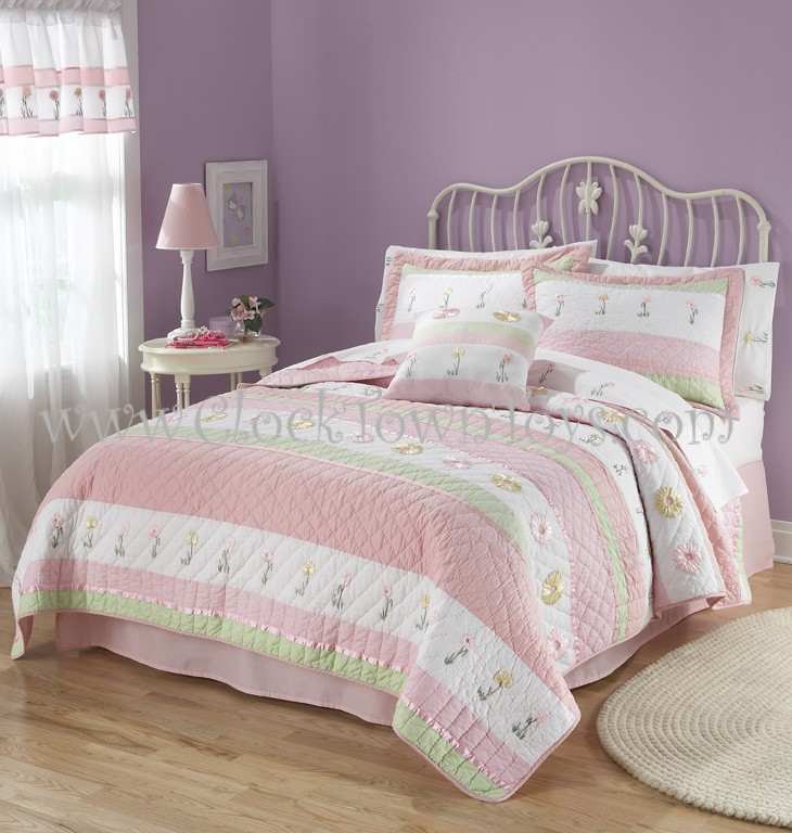 2PC PINK & Ribbon Striped Quilt TWIN Quilt Bedding Set QS1933TW