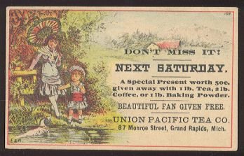 UNION PACIFIC TEA CO. Victorian Trade Card - Girls play fetch w/ dog