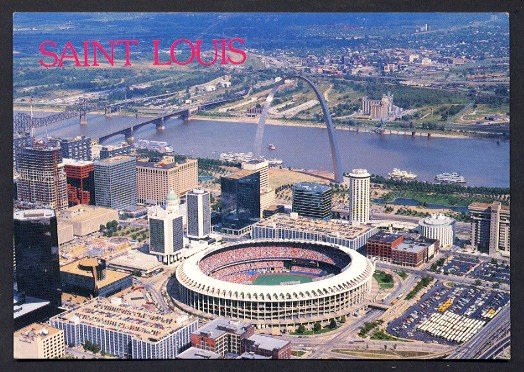 1980s ST. LOUIS, MISSOURI - Aerial View of Downtown - Busch Stadium, Arch - Unused Postcard