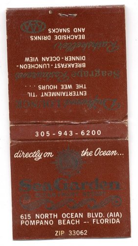 SEA GARDEN OCEANFRONT RESORT - Matchbook Cover - Pompano Beach, Florida