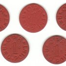 World War II OPA Red Point Ration Tokens - 5 different codes: VC, VU, UX, HC, XH