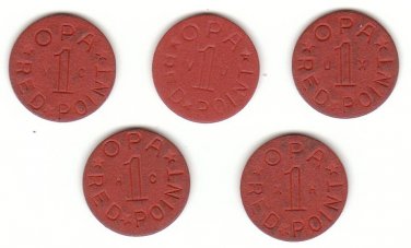 World War II OPA Red Point Ration Tokens - 5 different codes: VC, VU, UX, HC, XH