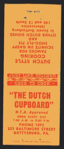 THE DUTCH CUPBOARD Restaurant - 1950s(?) Matchbook Cover - Gettysburg, Pennsylvania