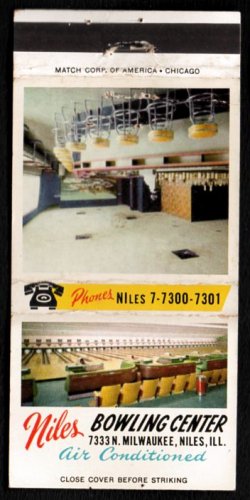 NILES BOWLING CENTER - Niles, Illinois - 1960s(?) Vintage Matchbook Cover