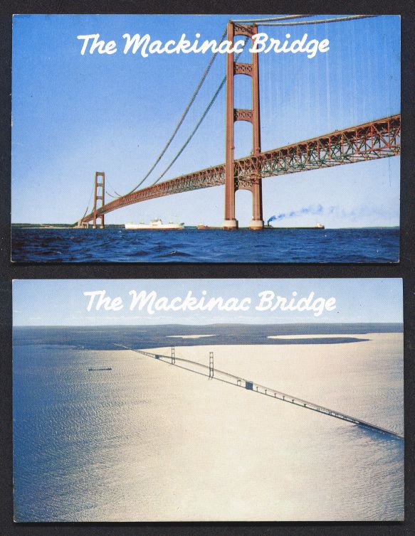 1950s/60s MACKINAW CITY, MICHIGAN - The Mackinac Bridge - Unused Postcards (2)