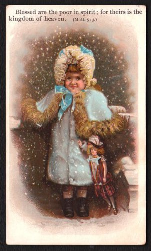 Victorian Bible Verse Card - Little girl in blue coat w/ doll, in winter