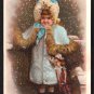 Victorian Bible Verse Card - Little girl in blue coat w/ doll, in winter