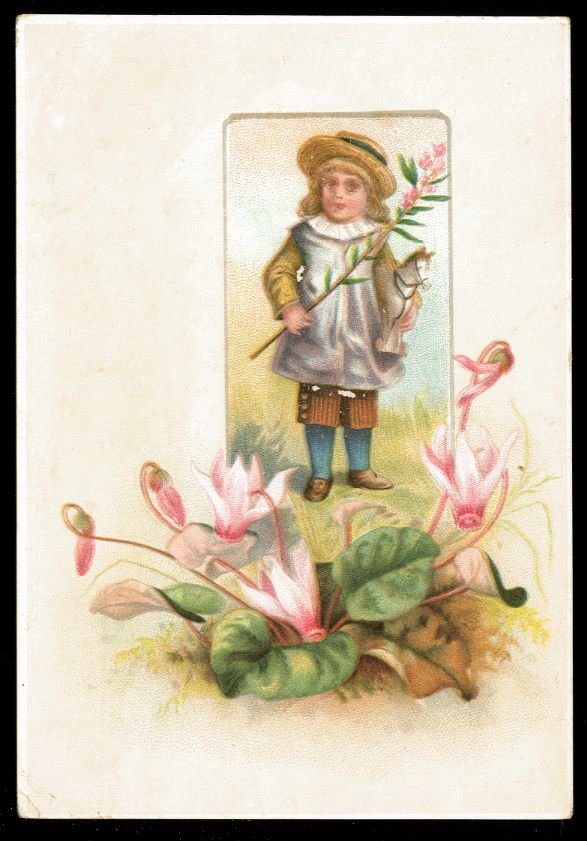 LION COFFEE Victorian Trade Card - Woolson - girl w/ toy horse, pink flowers