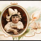 1891 LION COFFEE Victorian Trade Card - Easter - little girl, calla lily, boats