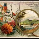 LION COFFEE Victorian Trade Card - Midsummer - birds, butterfly, flowers, lake