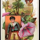 LION COFFEE Victorian Trade Card - boy in sailor suit, butterfly, fisherman