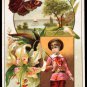 LION COFFEE Victorian Trade Card - boy w/ butterfly net, orchid(?), sailboat