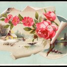 LION COFFEE Victorian Trade Card - pink roses, snow-covered house, moonlit pond