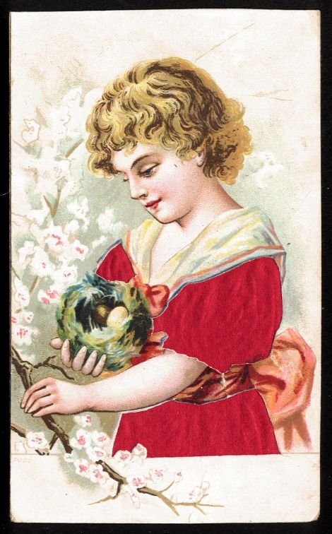 CHOCOLAT POULAIN Victorian Trade Card w/ Fabric Insert - girl w/ bird nest, egg