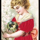 CHOCOLAT POULAIN Victorian Trade Card w/ Fabric Insert - girl w/ bird nest, egg