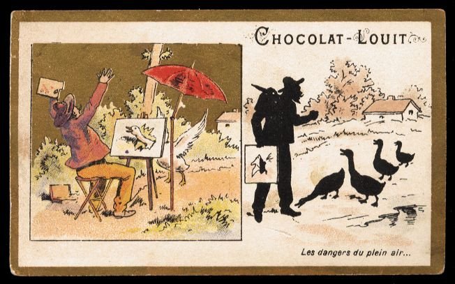 CHOCOLAT-LOUIT Victorian Trade Card - angry artist, geese, umbrella