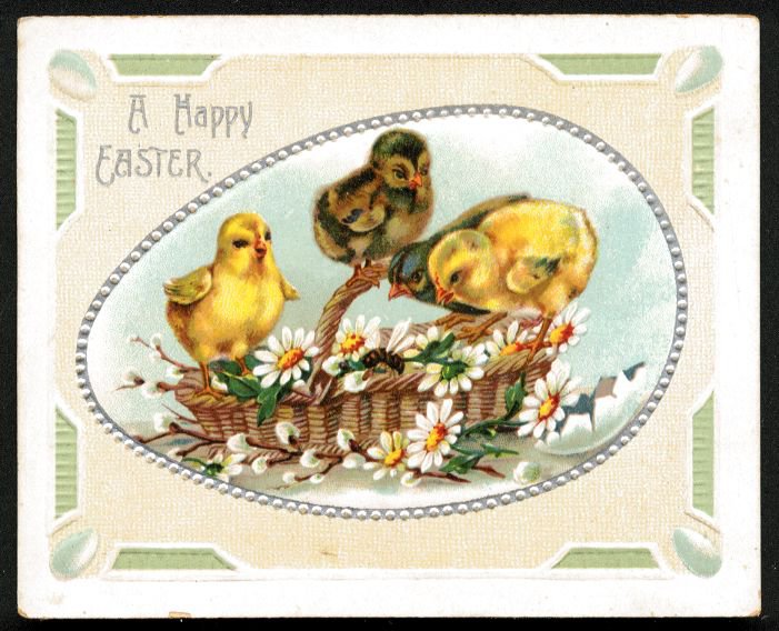 Vintage EASTER Card - "A Happy Easter" - basket of daisies, 4 chicks and a bee
