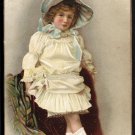 SARICA COFFEE Victorian Trade Card -pretty little girl, white dress, blue bonnet