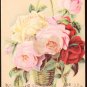 BREWSTER PIANOS Victorian Trade Card - colorful roses in hanging wicker basket