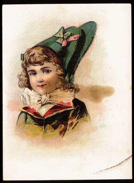 KROEGER PIANO Victorian Trade Card - pretty girl w/ fancy hat and big bow tie
