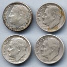 4 Different Roosevelt Dimes (90% Silver) - 1947, 1952-D, 1962-D, 1964-D - Circulated