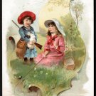 1894 LION COFFEE Victorian Trade Card - girl w/ gun & rabbit, another fishing