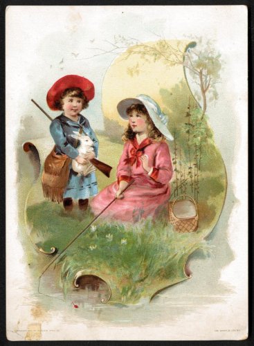 1894 LION COFFEE Victorian Trade Card - girl w/ gun & rabbit, another fishing