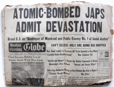 BOSTON EVENING GLOBE - August 7, 1945 - World War II - Hiroshima Atomic Bombtion