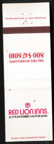 RED LION INNS & THUNDERBIRD MOTOR INNS - 1980s Matchbook Cover