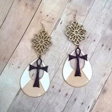 Nyla Cream, Black, & Gold Ankh Earrings
