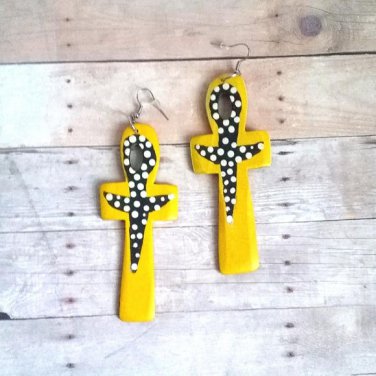 Nevaeh Polka Dot Wood Ankh Earrings