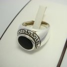 925 Sterling Silver Men's Round Onyx Greek Key Ring