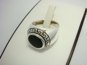 925 Sterling Silver Men's Round Onyx Greek Key Ring