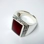 925 Sterling Silver Men's Rectangle Carnelian Greek Key Ring