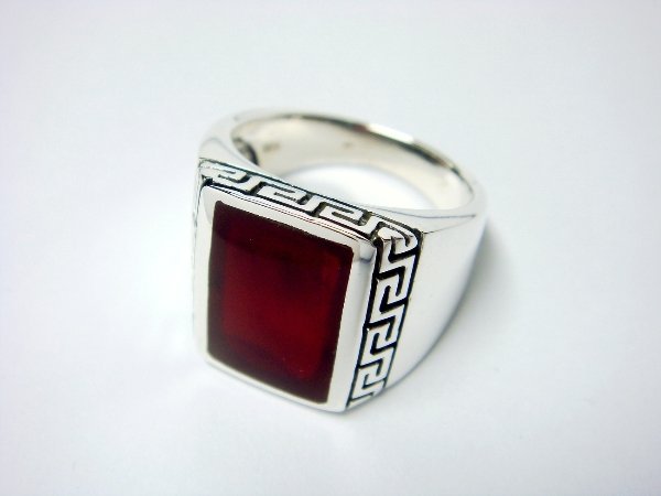 925 Sterling Silver Men's Rectangle Carnelian Greek Key Ring