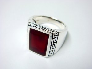 925 Sterling Silver Men's Rectangle Carnelian Greek Key Ring