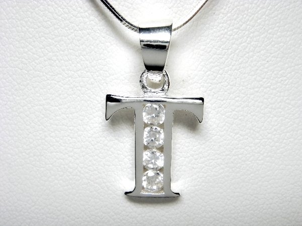 925 Sterling Silver CZ Initial Letter T Charm Pendant