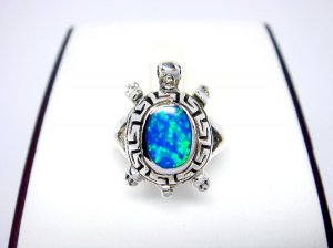 925 Sterling Silver Hawaiian Blue Opal Turtle Greek Key Ring